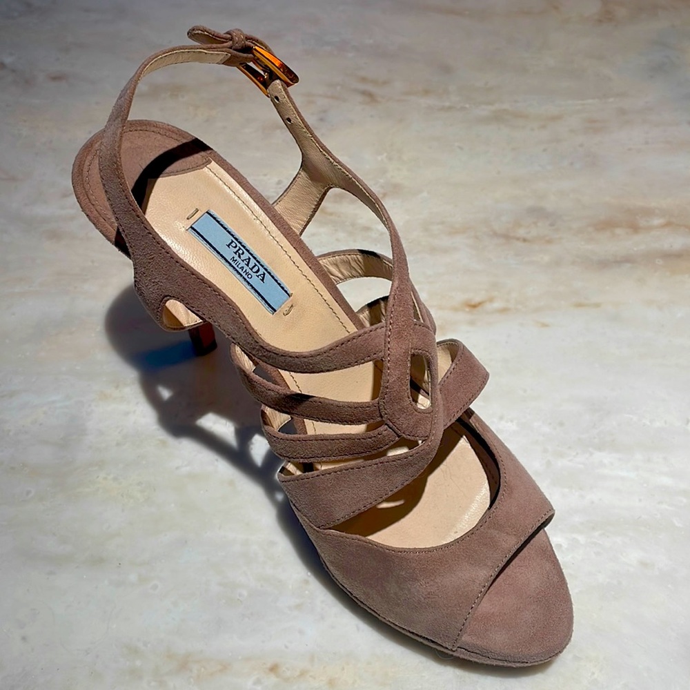 Prada beige suede leather, strappy Slingback peep toe heels. Size 40